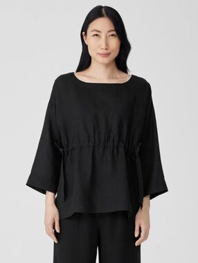 ​Eileen Fisher Black Organic Linen Handkerchief Drawstring Bateau Neck Top XL
